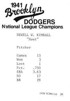 1978 TCMA 1941 Brooklyn Dodgers #28 Newt Kimball Back