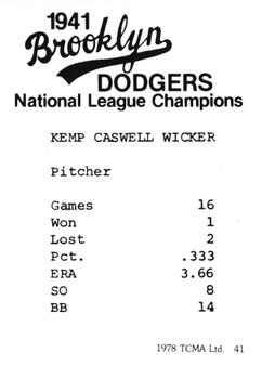 1978 TCMA 1941 Brooklyn Dodgers #41 Kemp Wicker Back
