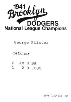 1978 TCMA 1941 Brooklyn Dodgers #42 George Pfister Back