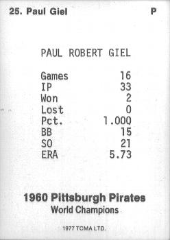 1977 TCMA Pittsburgh Pirates 1960 World Champions #25 Paul Giel Back