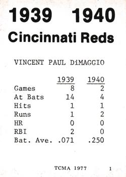 1977 TCMA 1939-40 Cincinnati Reds #1 Vince DiMaggio Back