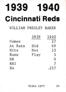 1977 TCMA 1939-40 Cincinnati Reds #10 Bill Baker Back