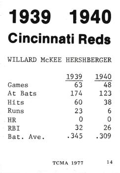 1977 TCMA 1939-40 Cincinnati Reds #14 Willard Hershberger Back