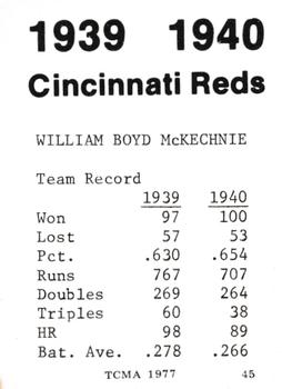 1977 TCMA 1939-40 Cincinnati Reds #45 Bill McKechnie Back