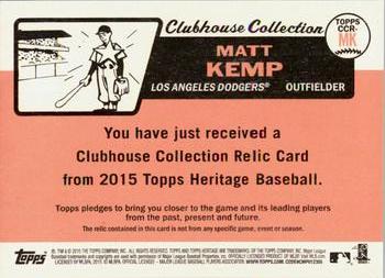 2015 Topps Heritage - Clubhouse Collection Relics #CCR-MK Matt Kemp Back