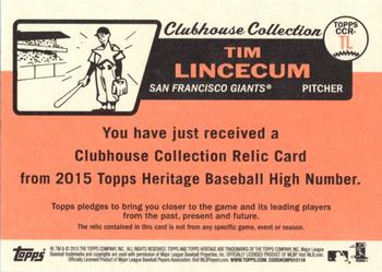 2015 Topps Heritage - Clubhouse Collection Relics #CCR-TL Tim Lincecum Back