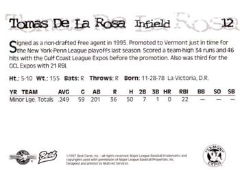 1997 Best Vermont Expos #12 Tomas De La Rosa Back