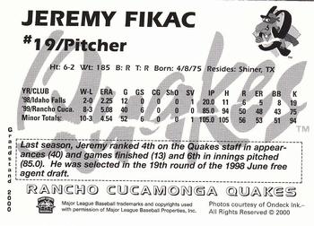 2000 Grandstand Rancho Cucamonga Quakes #9 Jeremy Fikac Back