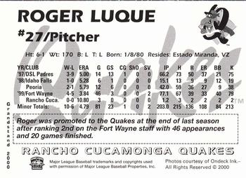2000 Grandstand Rancho Cucamonga Quakes #21 Roger Luque Back