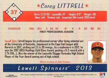 2013 Grandstand Lowell Spinners #NNO Corey Littrell Back