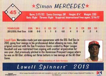 2013 Grandstand Lowell Spinners #NNO Simon Mercedes Back