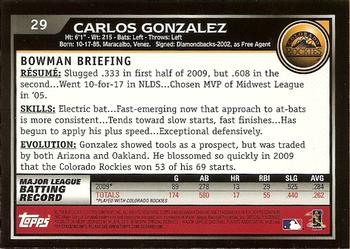 2010 Bowman Chrome #29 Carlos Gonzalez  Back