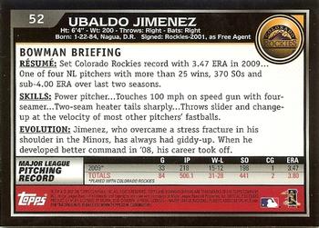 2010 Bowman Chrome #52 Ubaldo Jimenez  Back