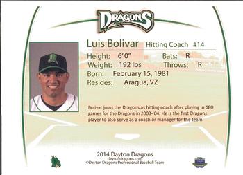 2014 Dayton Dragons Team Issue #3 Luis Bolivar Back