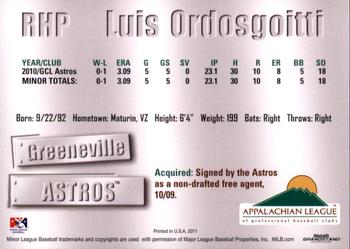 2011 Grandstand Appalachian League Top Prospects #NNO Luis Ordosgoitti Back