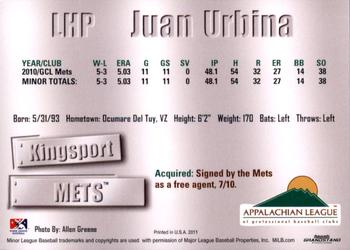 2011 Grandstand Appalachian League Top Prospects #NNO Juan Urbina Back
