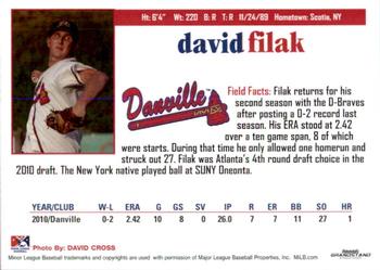 2011 Grandstand Danville Braves #NNO David Filak Back