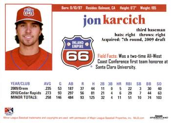 2011 Grandstand Inland Empire 66ers #NNO Jon Karcich Back