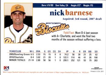 2011 Grandstand Montgomery Biscuits #NNO Nick Barnese Back