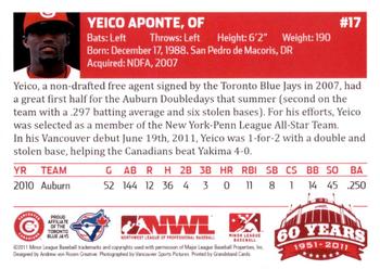 2011 Grandstand Vancouver Canadians #NNO Yeico Aponte Back