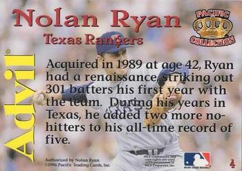 1996 Pacific Advil Nolan Ryan #4 Nolan Ryan Back