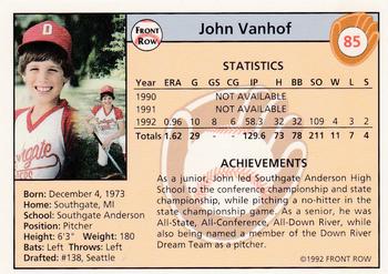 1992 Front Row Draft Picks - Gold #85 John Vanhof Back