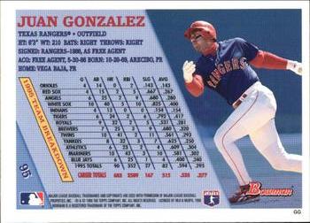 1996 Bowman - Foil #95 Juan Gonzalez Back