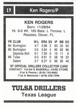 1987 Tulsa Drillers #17 Ken Rogers Back