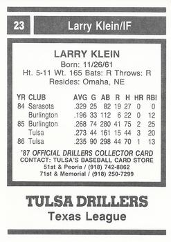 1987 Tulsa Drillers #23 Larry Klein Back