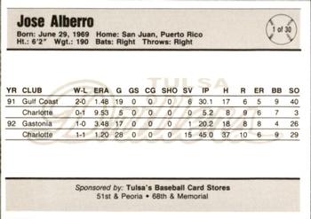 1993 Tulsa Drillers #1 Jose Alberro Back