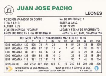 1992 Liga Mexicana de Beisbol #119 Juan Jose Pacho Back