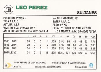 1992 Liga Mexicana de Beisbol #136 Leo Perez Back