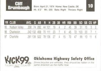 1998 Tulsa Drillers #10 Cliff Brumbaugh Back