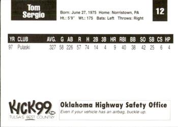 1998 Tulsa Drillers #12 Tom Sergio Back