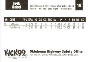 1998 Tulsa Drillers #16 Erik Sabel Back