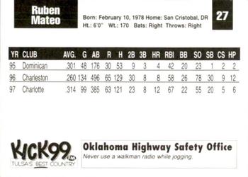 1998 Tulsa Drillers #27 Ruben Mateo Back