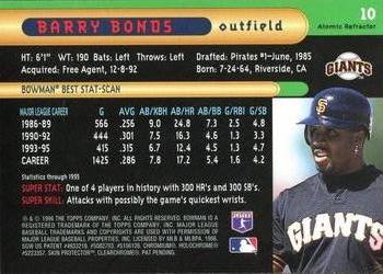 1996 Bowman's Best - Atomic Refractors #10 Barry Bonds Back