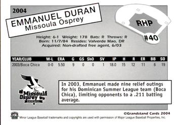 2004 Grandstand Missoula Osprey #NNO Enmanuel Duran Back