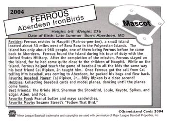 2004 Grandstand Aberdeen IronBirds #NNO Ferrous Back