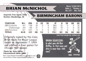 2004 Grandstand Birmingham Barons #NNO Brian McNichol Back
