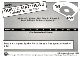 2004 Grandstand Bristol White Sox #NNO Dustin Matthews Back