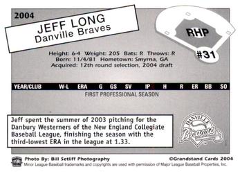 2004 Grandstand Danville Braves #NNO Jeff Long Back