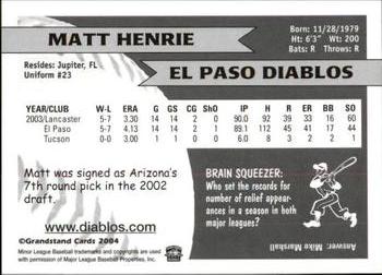 2004 Grandstand El Paso Diablos #NNO Matt Henrie Back