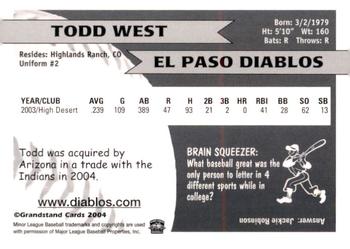 2004 Grandstand El Paso Diablos #NNO Todd West Back