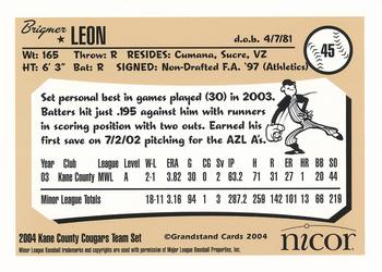 2004 Grandstand Kane County Cougars #NNO Brigmer Leon Back
