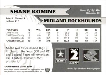 2004 Grandstand Midland RockHounds #NNO Shane Komine Back