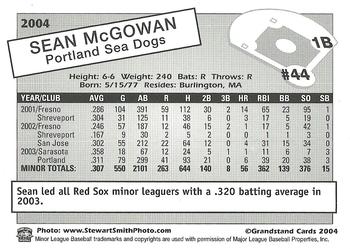 2004 Grandstand Portland Sea Dogs #NNO Sean McGowan Back