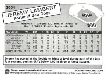 2004 Grandstand Portland Sea Dogs #NNO Jeremy Lambert Back