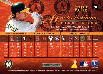 1996 Select Certified - Artist's Proofs #20 Mark McGwire Back