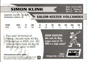 2004 Grandstand Salem-Keizer Volcanoes #15 Simon Klink Back